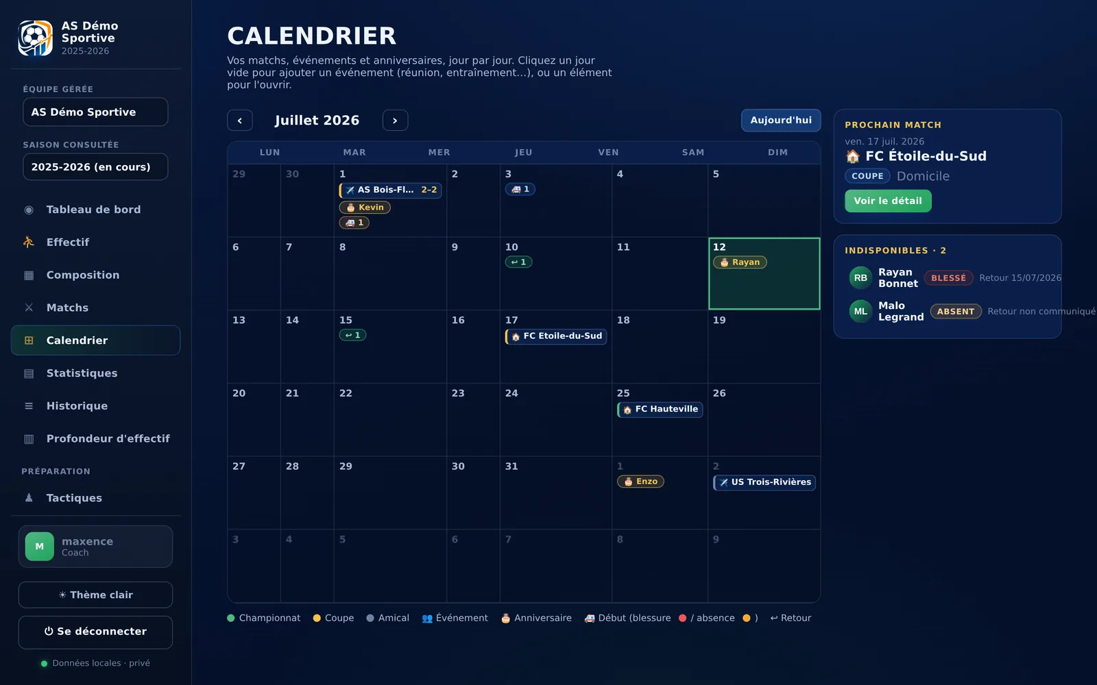 Calendrier mensuel avec matchs, indisponibles et prochain match