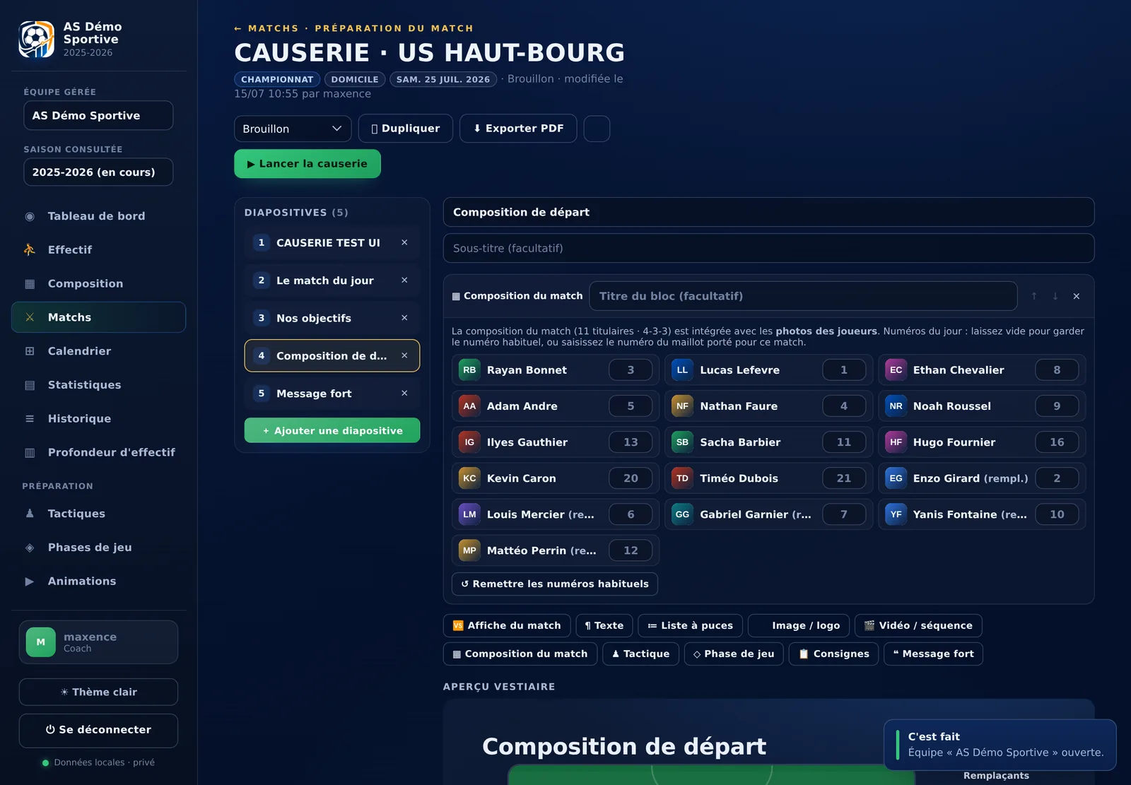 Éditeur de causerie : diapositives, composition et aperçu vestiaire